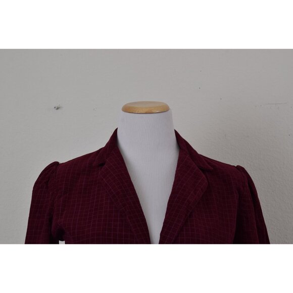 80s Vintage Burgundy Plaid Fitted Poly/Cotton Corduroy Jacket‎ - Picture 7 of 10